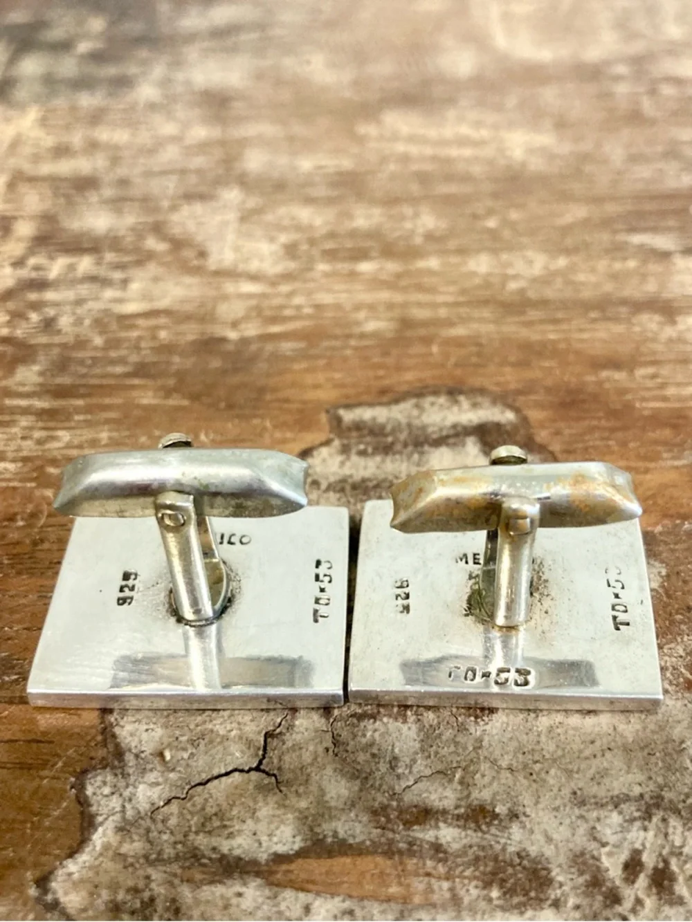 Vintage Taxco Modernist Sterling Silver Cufflinks – TD‑53 – Black Inlay – 24g